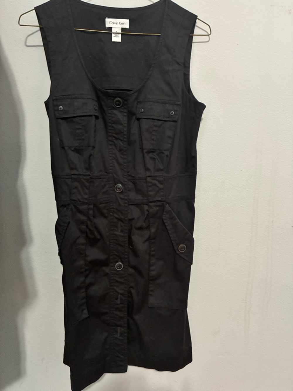 Calvin Klein Black Sleeveless Button Front Utility Dress Top